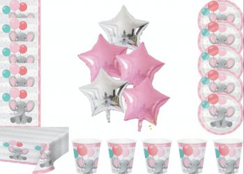 BalloonyFly Elephant Girl Birthday Tableware,Decoration,First Baby Birthday Supplies,Cups,Plates,Balloons,Party Theme,Zoo Birthday Supplies