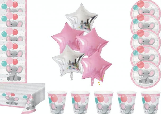 BalloonyFly Elephant Girl Birthday Tableware,Decoration,First Baby Birthday Supplies,Cups,Plates,Balloons,Party Theme,Zoo Birthday Supplies