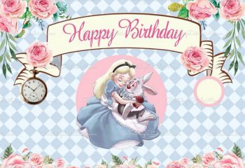 BalloonyFly Alice in wonderland,backdrop,4 Ft x 2.6 FT,latex,balloons,Birthday,Girl,Decoration,Tableware,Pink,blue,banner, mad hatter,magic,clock,canvas