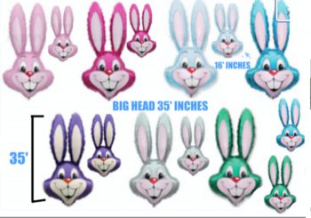 BalloonyFly Bunny,rabbit,head,egg,easter,foil,helium,decoration,35 inch,16 inch, turquoise,yellow,hot pink,pink,purple,lavander,silver,green,light blue,
